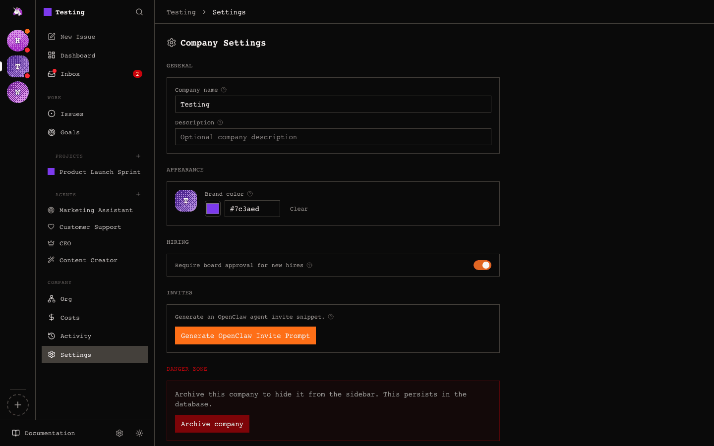 Solo Unicorn company settings