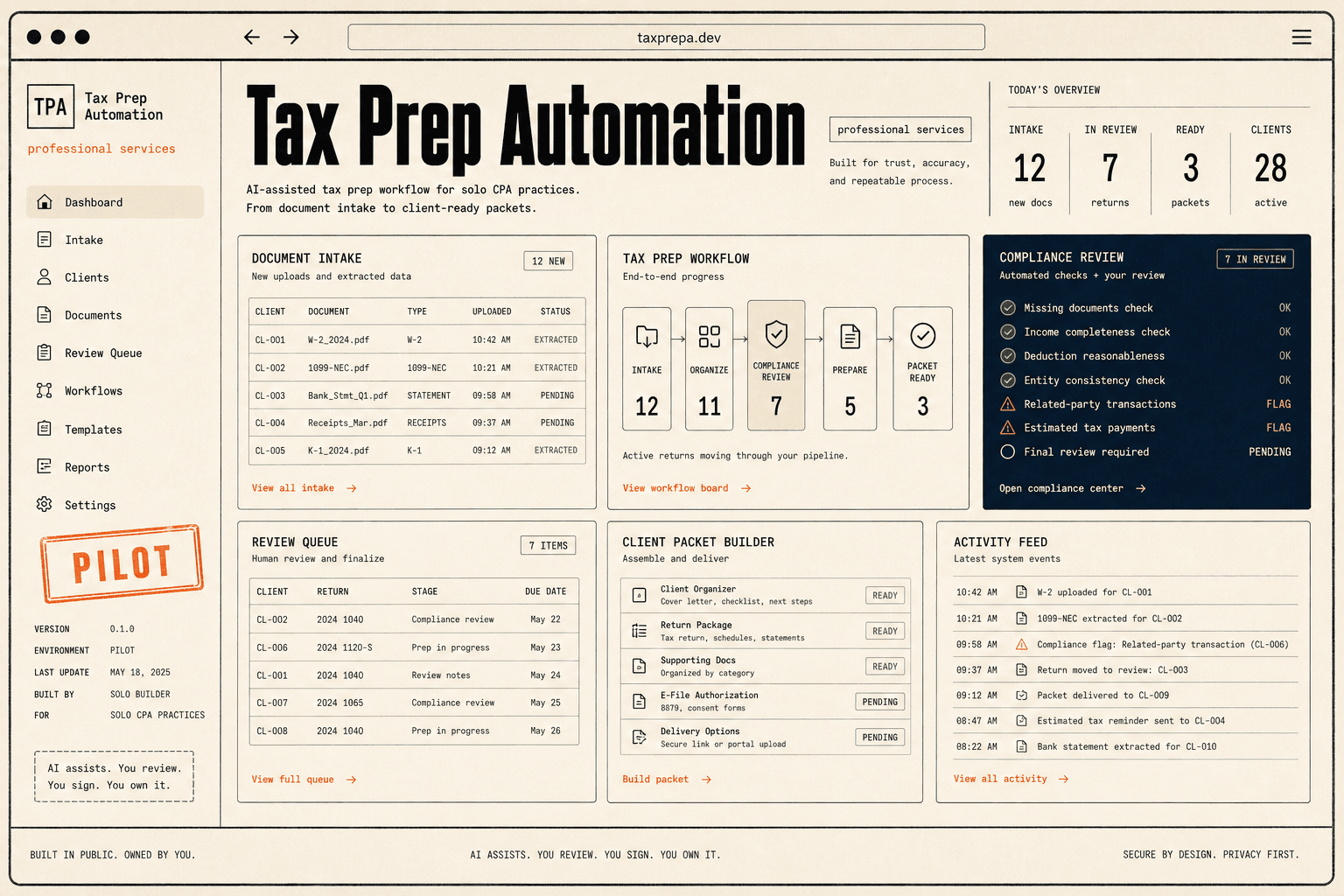 Fictional Tax Prep Automation project website screenshot generated as a design placeholder
